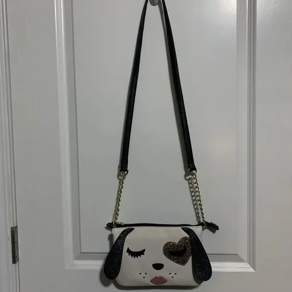 Artsy Cute! BETSEY JOHNSON ~ LUV BETSEY DOG FACE CROSSBODY HANDBAG WITH GLITTER - Picture 3 of 9